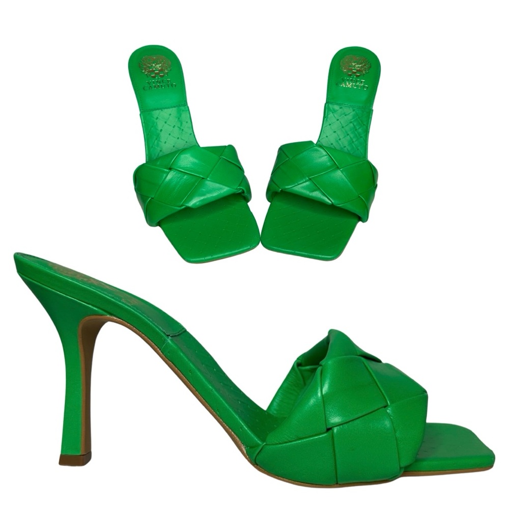 NEW! VINCE CAMUTO Brelanie mules heels sandals Green woven leather sz 9.5